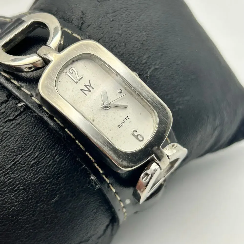 NY Collection Silver Black Leather Band Quartz Watch Working New Battery